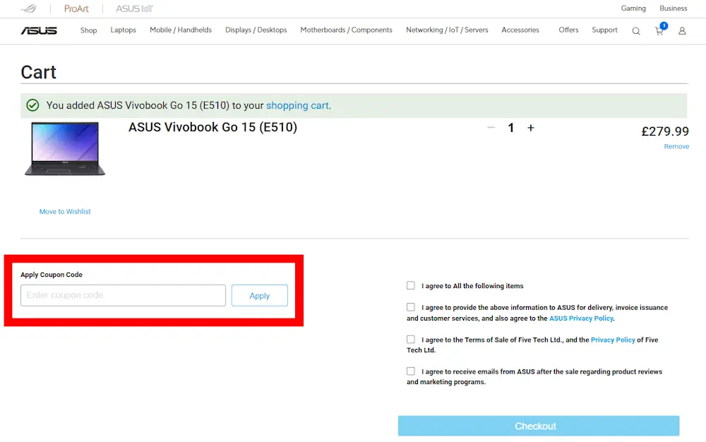 Screenshot showing where to apply a ASUS promo code during checkout on www.asus.com