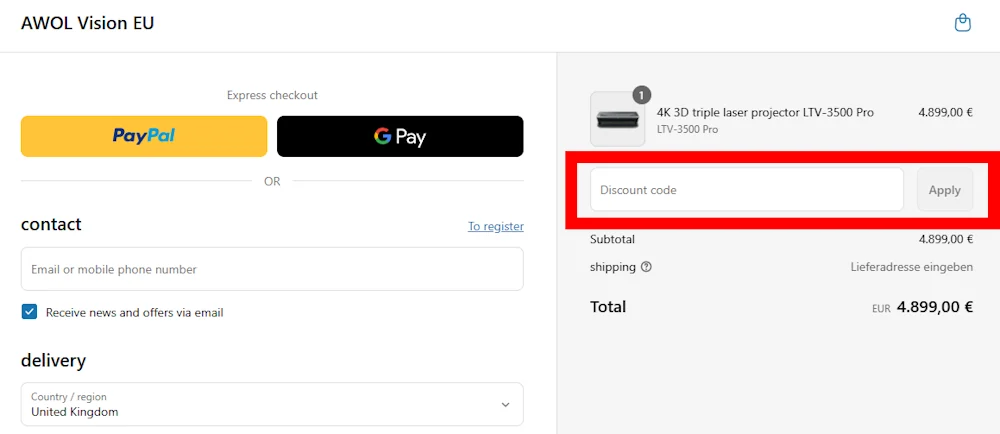 Screenshot showing where to apply a AWOL Vision promo code during checkout on awolvision.de.