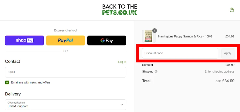 Screenshot showing where to apply a Back to the Pets promo code during checkout on backtothepets.co.uk.