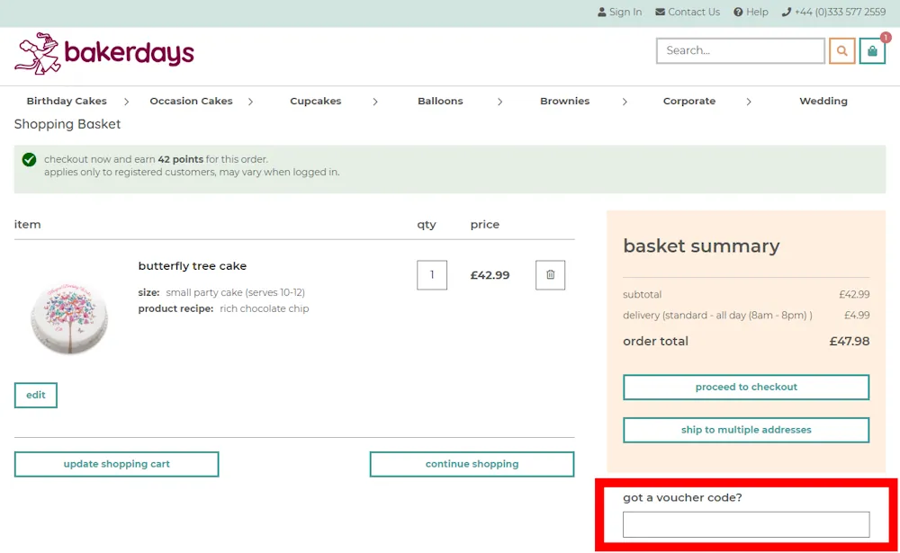Screenshot showing where to apply a Bakerdays promo code during checkout on www.bakerdays.com.