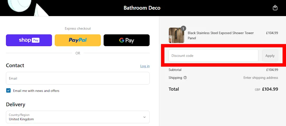 Screenshot showing where to apply a Bathroom Deco promo code during checkout on www.bathroomdeco.co.uk.