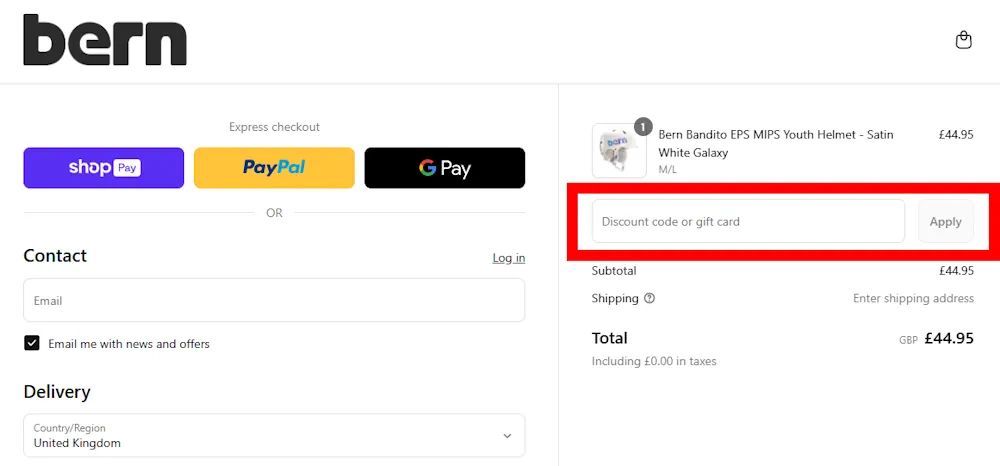 Screenshot showing where to apply a Bern Helmets promo code during checkout on berneurope.com.