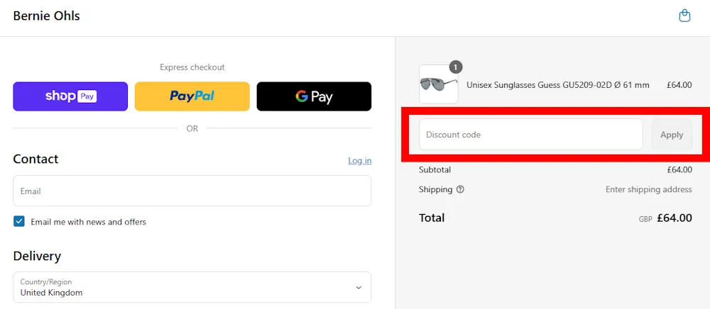 Screenshot showing where to apply a Bernie Ohls promo code during checkout on bernieohls.com.