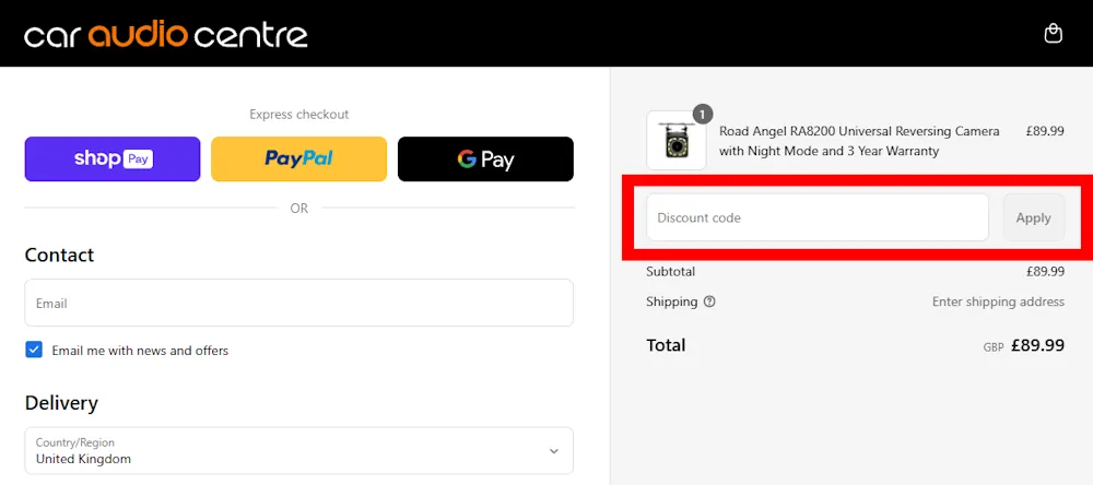 Screenshot showing where to apply a Car Audio Centre promo code during checkout on caraudiocentre.co.uk.