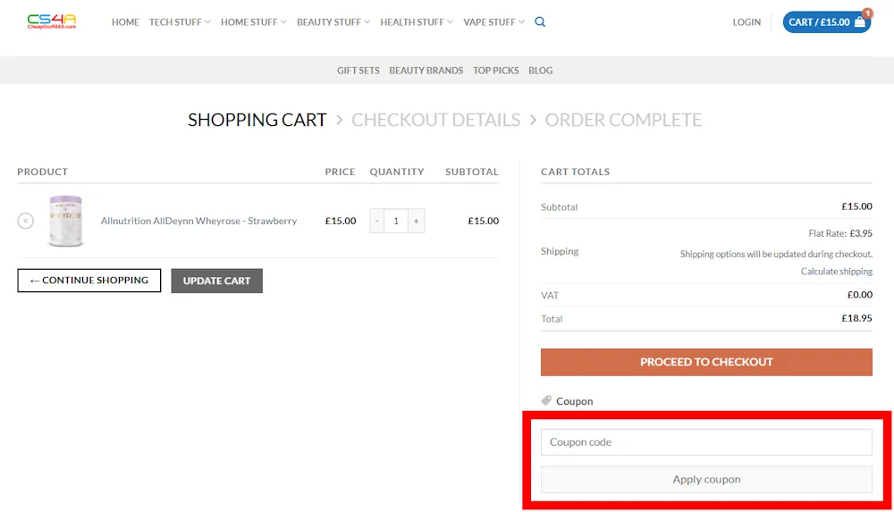Screenshot showing where to apply a Cheap Stuff 4 All promo code during checkout on cheapstuff4all.com.