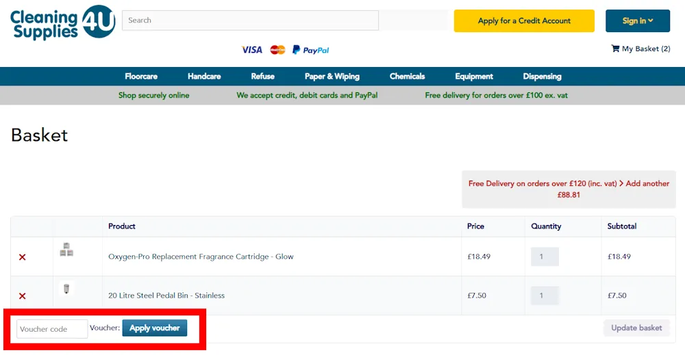 Screenshot showing where to apply a Cleaning Supplies 4U promo code during checkout on www.cleaningsupplies4u.com.