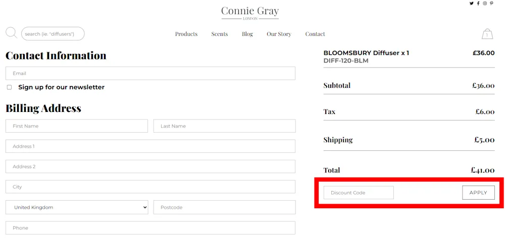 Screenshot showing where to apply a Connie Gray promo code during checkout on www.conniegray.london.