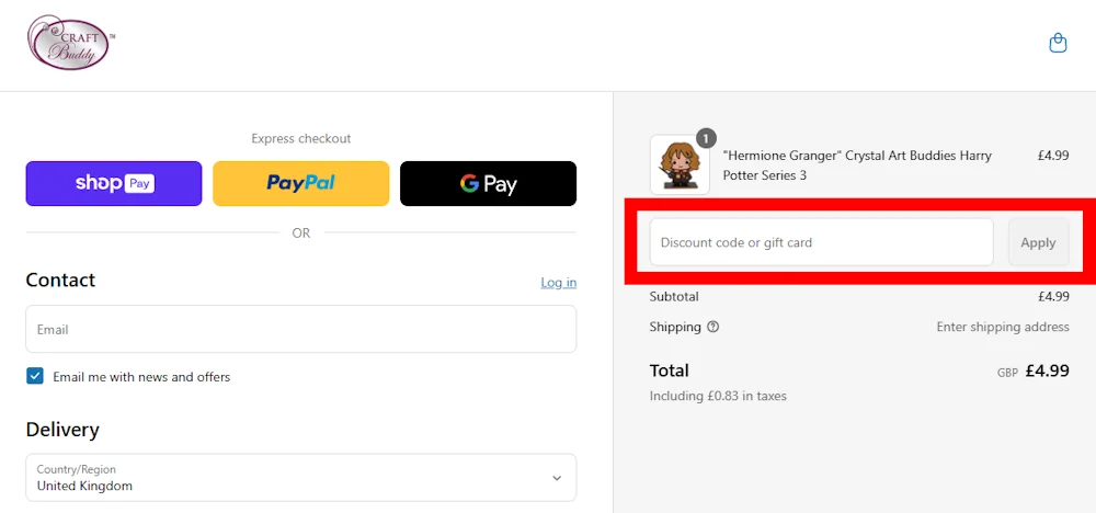 Screenshot showing where to apply a Craft Buddy Shop promo code during checkout on www.craftbuddyshop.com.