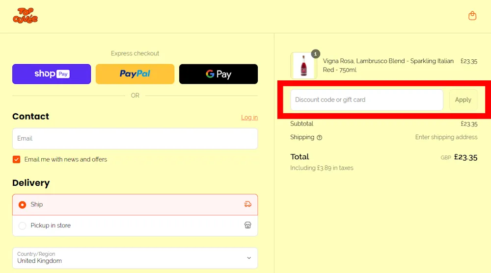Screenshot showing where to apply a Cuvee promo code during checkout on www.shopcuvee.com.