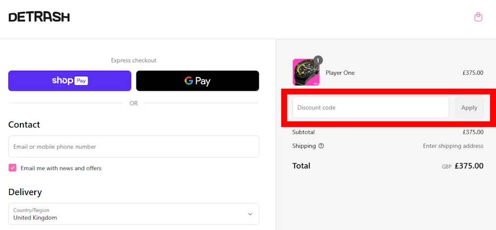 Screenshot showing where to apply a Detrash promo code during checkout on detrash.com.