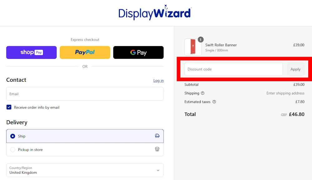 Screenshot showing where to apply a Display Wizard promo code during checkout on www.displaywizard.co.uk.