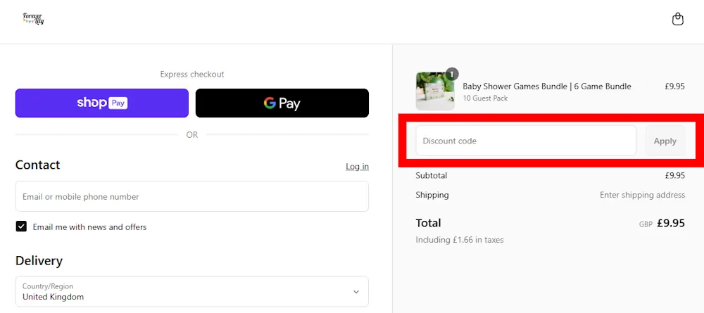 Screenshot showing where to apply a Forever Lily promo code during checkout on foreverlily.co.uk.