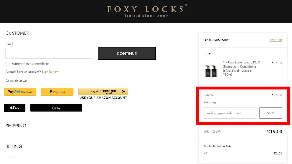 Screenshot showing where to apply a Foxy Locks promo code during checkout on foxylocks.com.