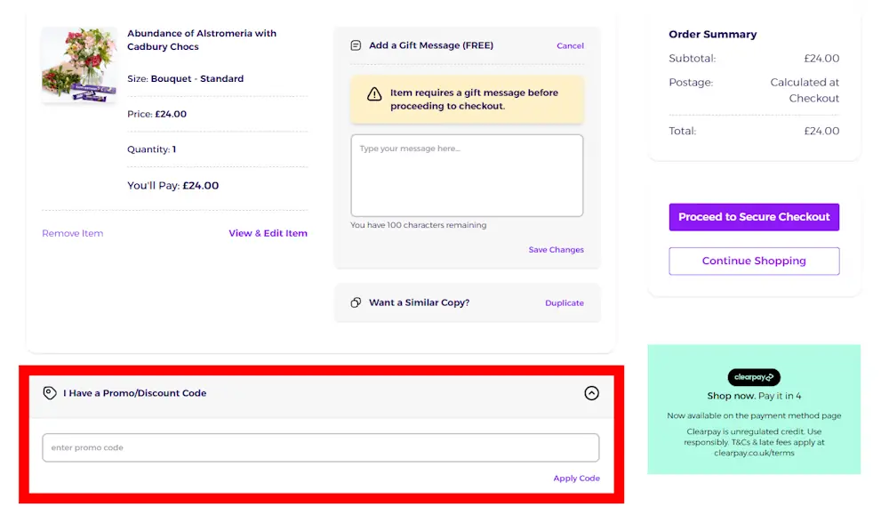 Screenshot showing where to apply a Funky Pigeon promo code during checkout on www.funkypigeon.com.