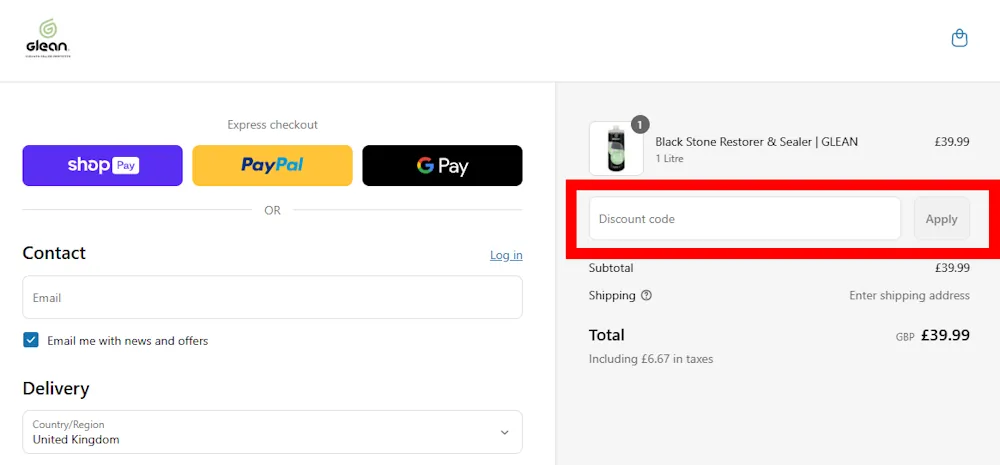 Screenshot showing where to add your Glean promo code on www.goglean.co.uk
