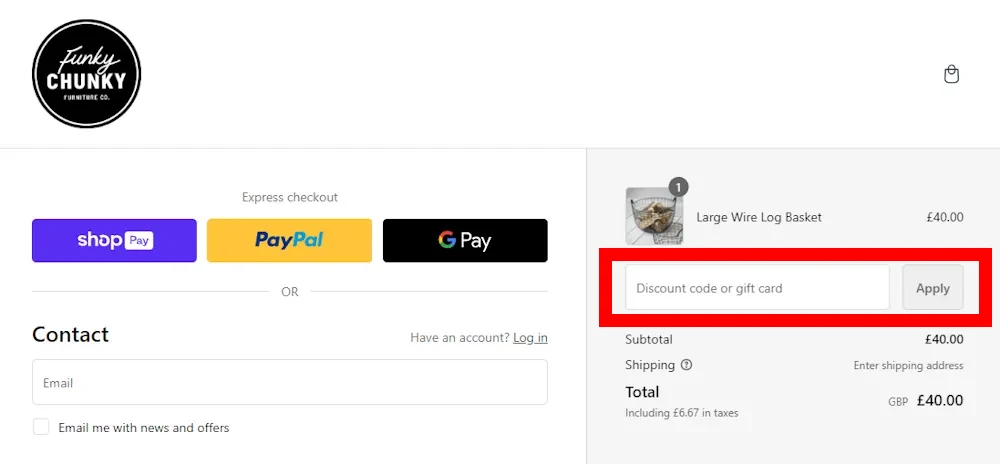 Screenshot showing where to apply a Funky Chunky Furniture promo code during checkout on funky-chunky-furniture.co.uk.