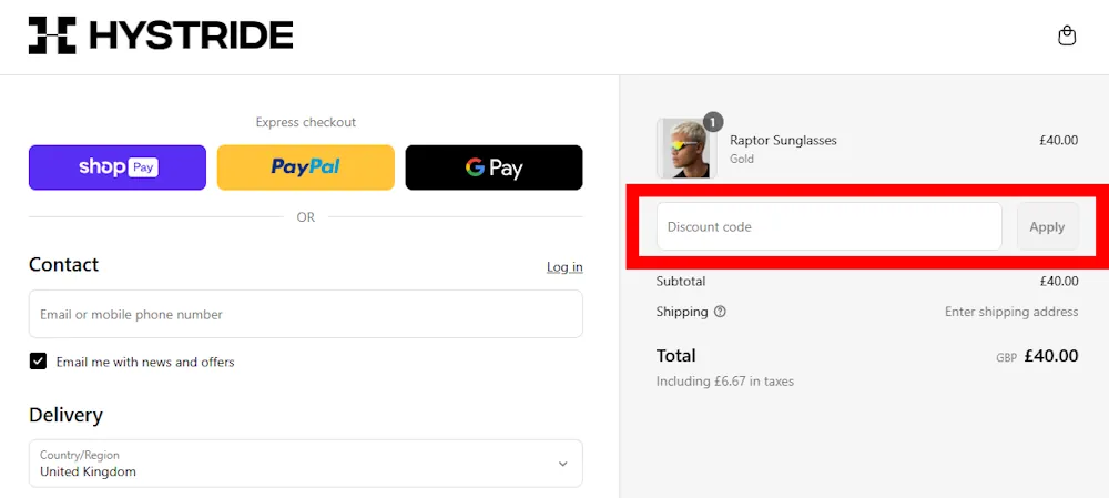 Screenshot showing where to apply a Hystride promo code during checkout on www.hystride.com.