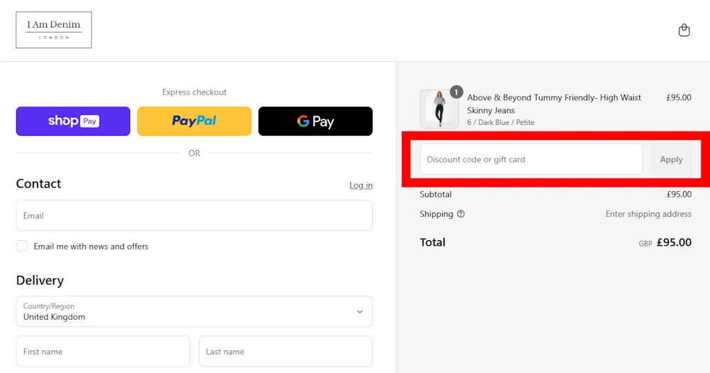 Screenshot showing where to apply a I Am Denim promo code during checkout on www.iamdenim.co.uk.