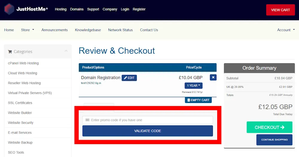 Screenshot showing where to apply a JustHostMe promo code during checkout on www.justhostme.co.uk.