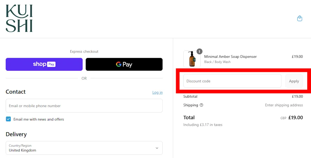 Screenshot showing where to apply a Kuishi promo code during checkout on kuishi.com.