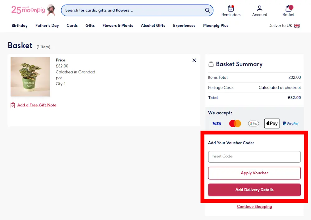 Screenshot showing where to apply a moonpig promo code during checkout on www.moonpig.com.