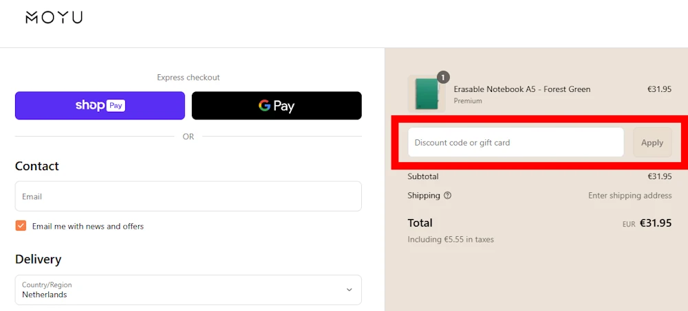 Screenshot showing where to apply a MOYU promo code during checkout on shop.moyu-notebooks.com.
