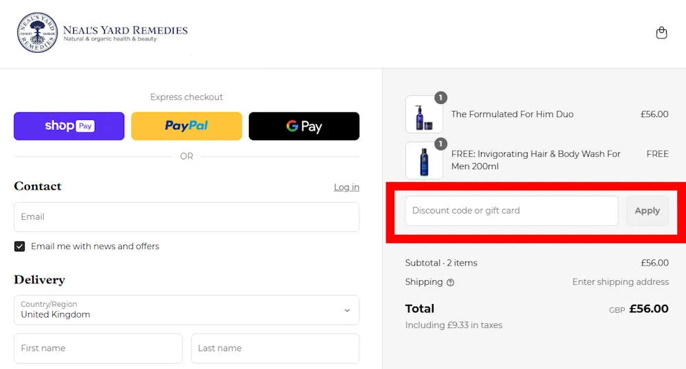 Screenshot showing where to apply a Neal's Yard Remedies promo code during checkout on www.nealsyardremedies.com.