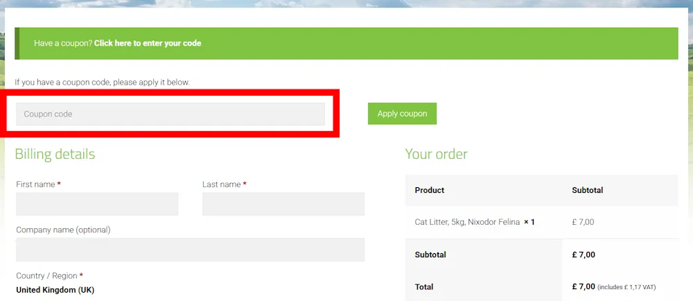 Screenshot showing where to apply a Nixodor promo code during checkout on nixodor.net.