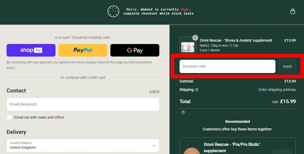 Screenshot showing where to apply a Omni promo code during checkout on omni.pet.