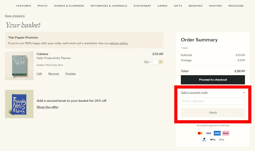 Screenshot showing where to apply a papier promo code during checkout on www.papier.com.