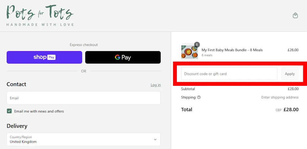 Screenshot showing where to apply a Pots For Tots promo code during checkout on potsfortots.co.uk.