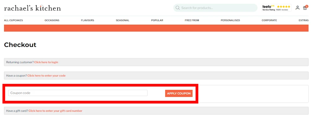 Screenshot showing where to apply a rachaels kitchen promo code during checkout on www.rachaelskitchen.co.uk.