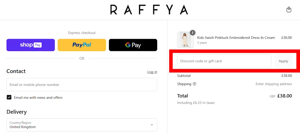 Screenshot showing where to apply a Raffya promo code during checkout on raffya.com.