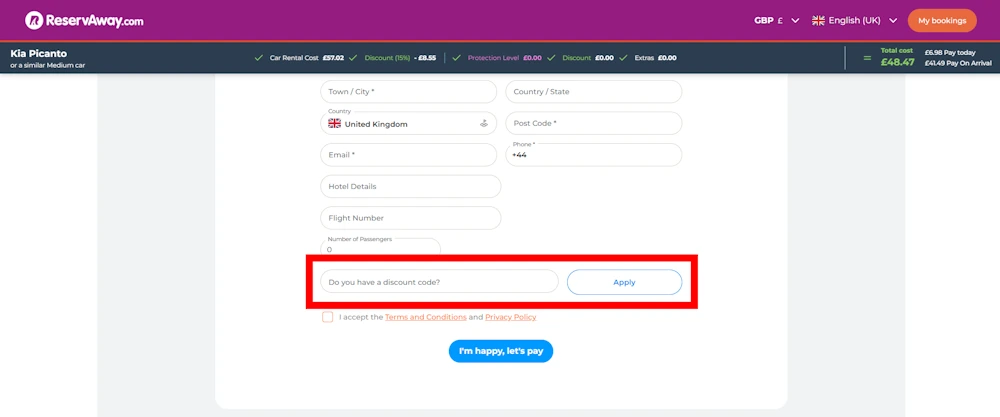 Screenshot showing where to apply a reservaway promo code during checkout on www.reservaway.com.