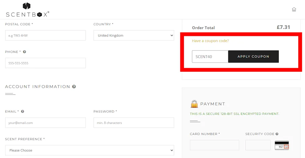 Screenshot showing where to apply a Scent Box promo code during checkout on www.scentbox.co.uk.