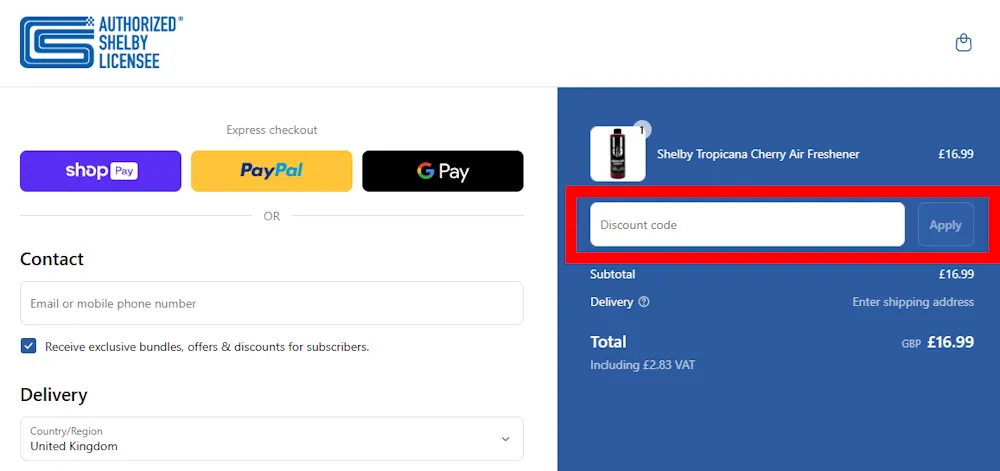 Screenshot showing where to apply a Shelby promo code during checkout on www.cslshelby.com