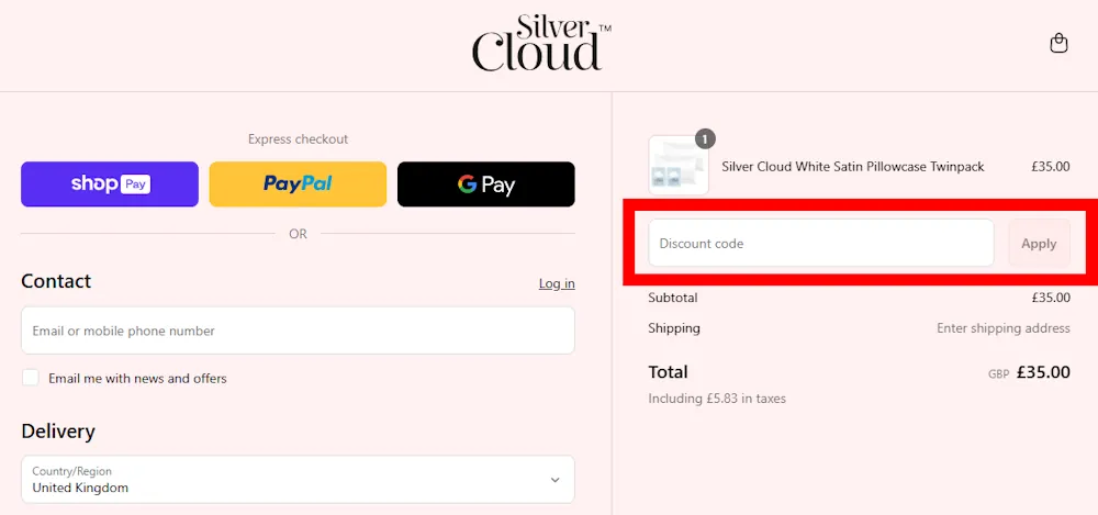 Screenshot showing where to apply a Silver Cloud Beauty promo code during checkout on silvercloudbeauty.com.