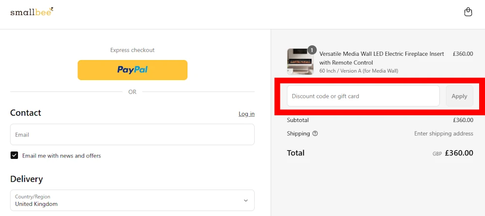 Screenshot showing where to apply a Smallbee promo code during checkout on smallbee.co.uk.