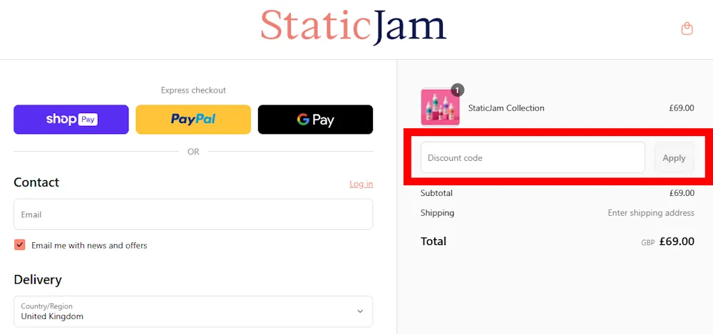 Screenshot showing where to apply a StaticJam promo code during checkout on www.staticjam.com.