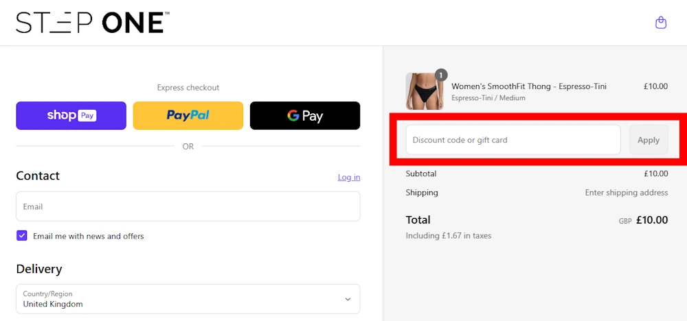 Screenshot showing where to apply a Step One promo code during checkout on uk.stepone.life.