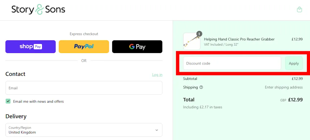 Screenshot showing where to apply a Story & Sons promo code during checkout on storyandsons.com.