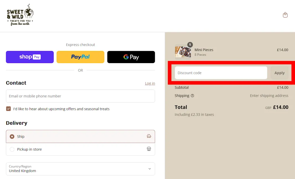 Screenshot showing where to apply a Sweet & Wild promo code during checkout on sweetandwildtreats.co.uk.