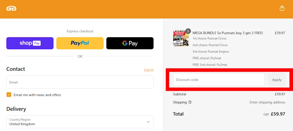 Screenshot showing where to apply a The Great Game promo code during checkout on ggtreasurehunts.com.