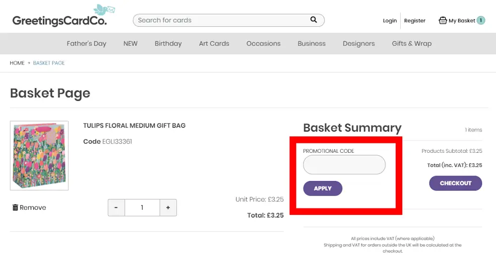 Screenshot showing where to apply  The Greetings Card Company promo code during checkout on www.greetingscards.co.uk.