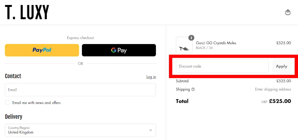 Screenshot showing where to apply a T.LUXY promo code during checkout on it.tluxy.com.