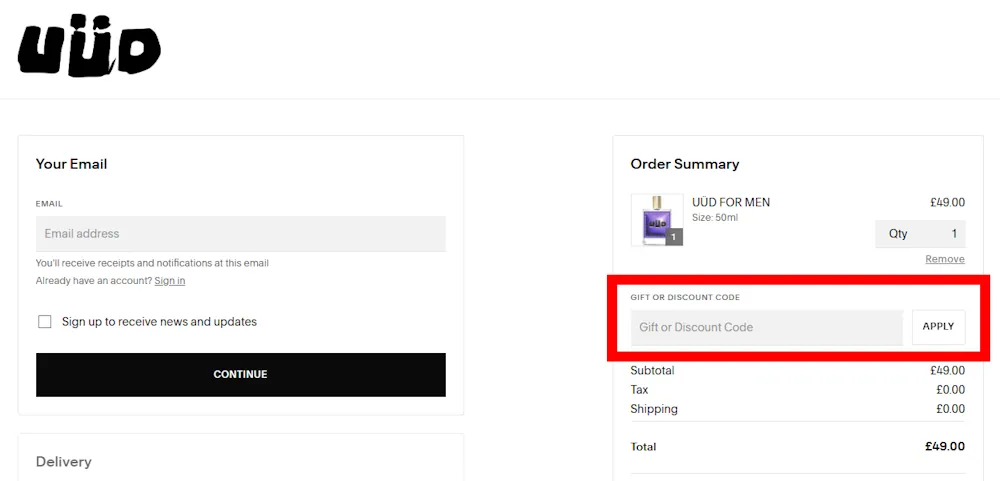 Screenshot showing where to apply a Uud promo code during checkout on www.uudfragrances.com.