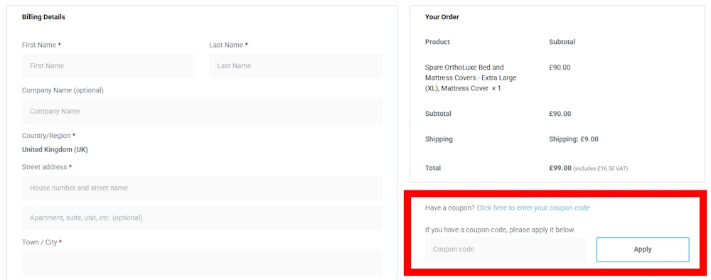 Screenshot showing where to apply a VetRelieve promo code during checkout on vetrelieve.co.uk.