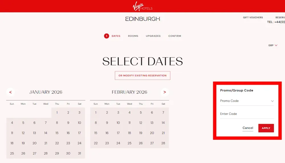 Screenshot showing where to apply a Virgin Hotels promo code during checkout on virginhotels.com.