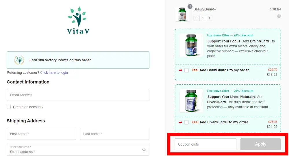 Screenshot showing where to apply a VitaV Premium Supplements promo code during checkout on vitav.me.