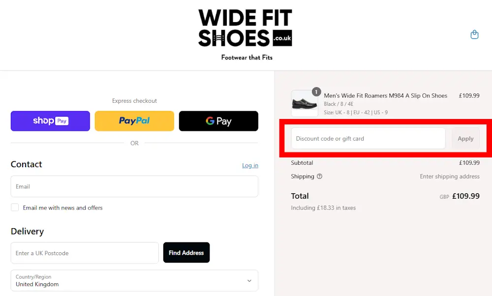 Screenshot showing where to apply a Wide Fit Shoes promo code during checkout on www.widefitshoes.co.uk.